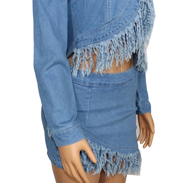 MQTIME  -  Jeans Tassel Two-piece Women's Clothing Denim Sportswear Long Sleeve Crop Top Mini Skirt Pants Suit High Quality Vestidos 2024